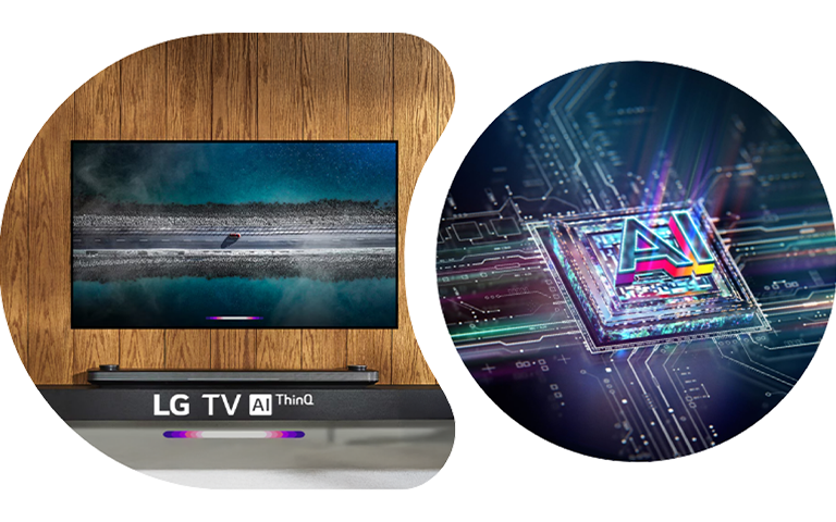 Un téléviseur LG doté de la technologie AI ThinQ à c?té d'un écran d'ordinateur présentant le processeur LG Alpha AI.